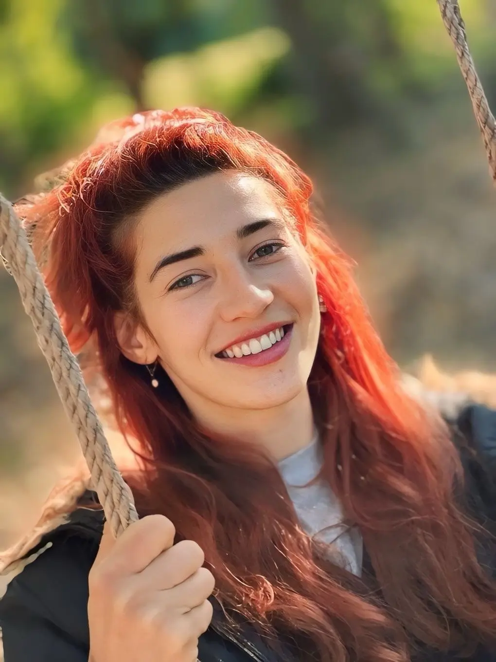 Nina, founder and host of Luzia Coliving, smiling on a rope swing
